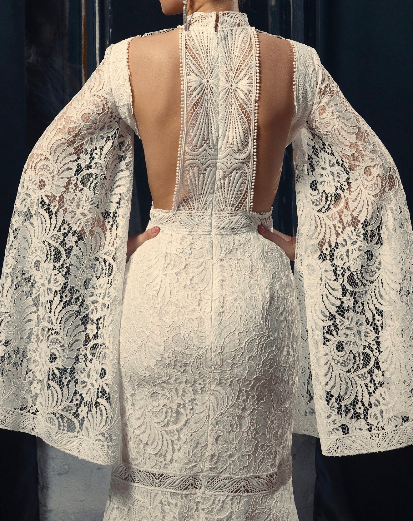 Open back wedding dress with long sleeves and train, Couture wedding dress long sleeves, Mermaid bohemian wedding gown, Classy wedding gown