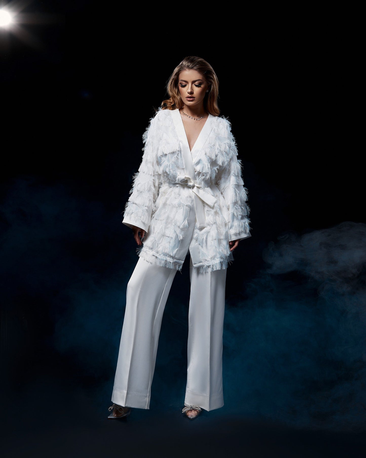 Wedding separates, two pieces wedding set kimono jacket and palazzo trousers, bohemian bride outfit, fringe blazer, alternative wedding suit