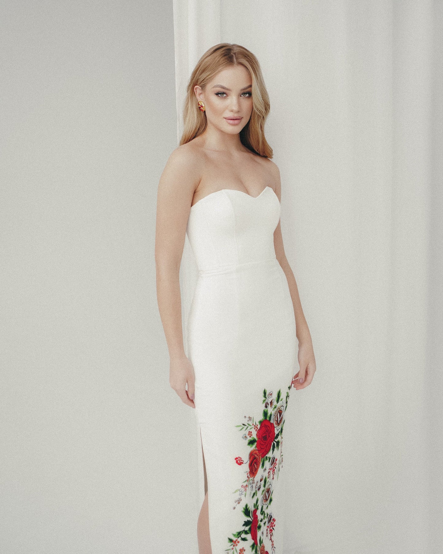 Simple wedding dress with pencil skirt and floral print , corset wedding dress, Bohemian wedding gown, Wedding dress with side split