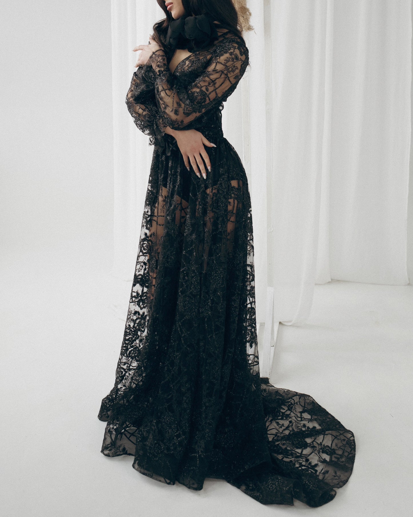 Black wedding dress, Gothic wedding dress, Goth bride dress, Black boho dress with long sleeves and dramatic long train.