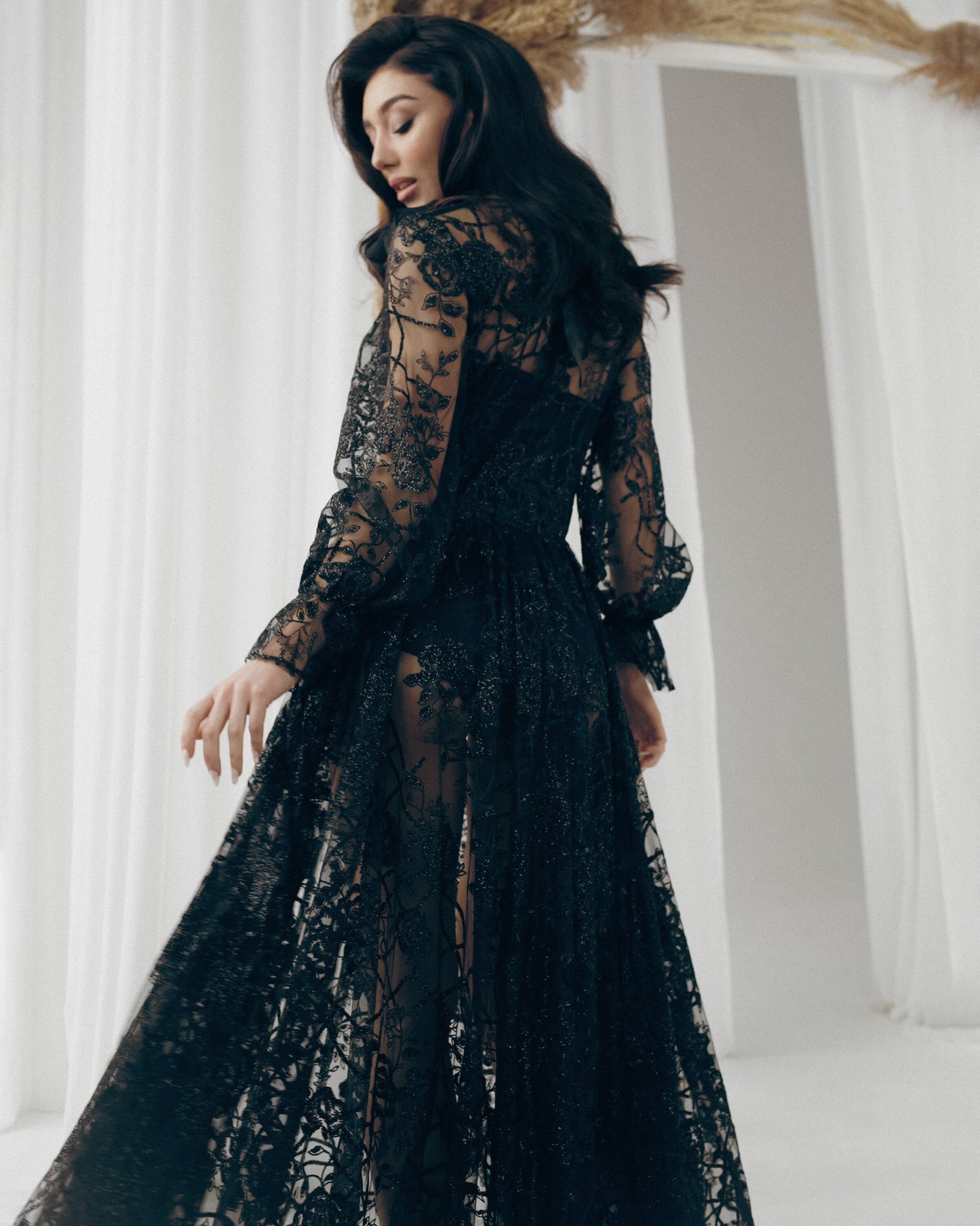 Black wedding dress, Gothic wedding dress, Goth bride dress, Black boho dress with long sleeves and dramatic long train.