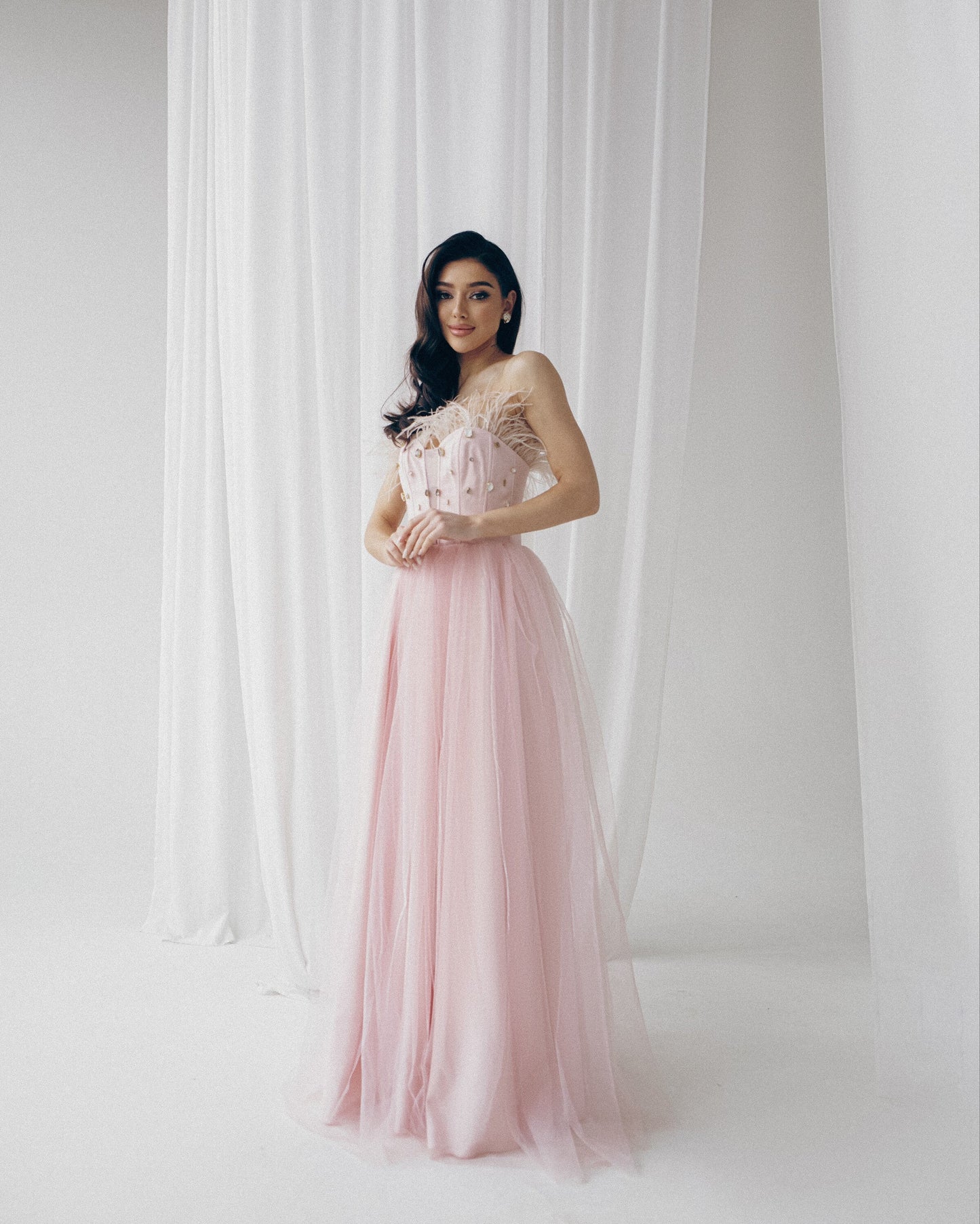 Pink feathers dress with corset bodice and fit and flare skirt, Prom tulle gown, Wedding guest dress, Homecoming dress, Evening dress