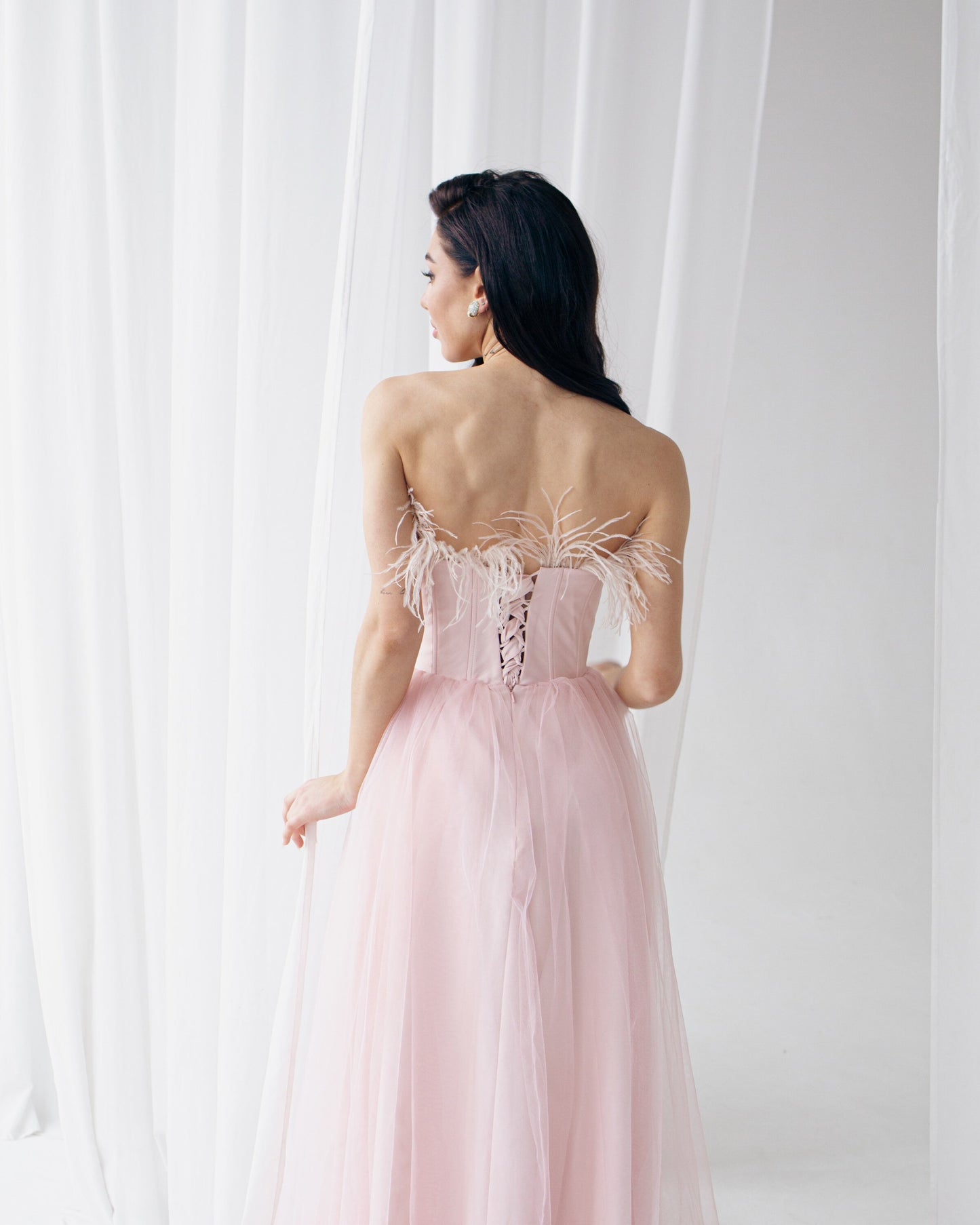 Pink feathers dress with corset bodice and fit and flare skirt, Prom tulle gown, Wedding guest dress, Homecoming dress, Evening dress
