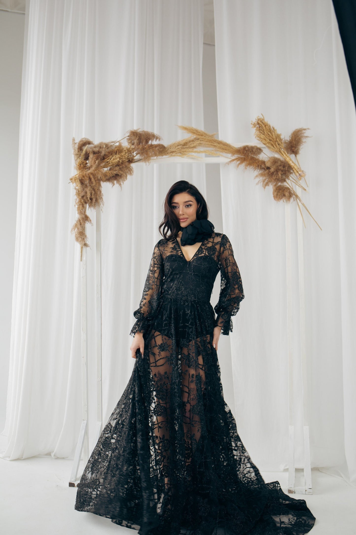 Black wedding dress, Gothic wedding dress, Goth bride dress, Black boho dress with long sleeves and dramatic long train.