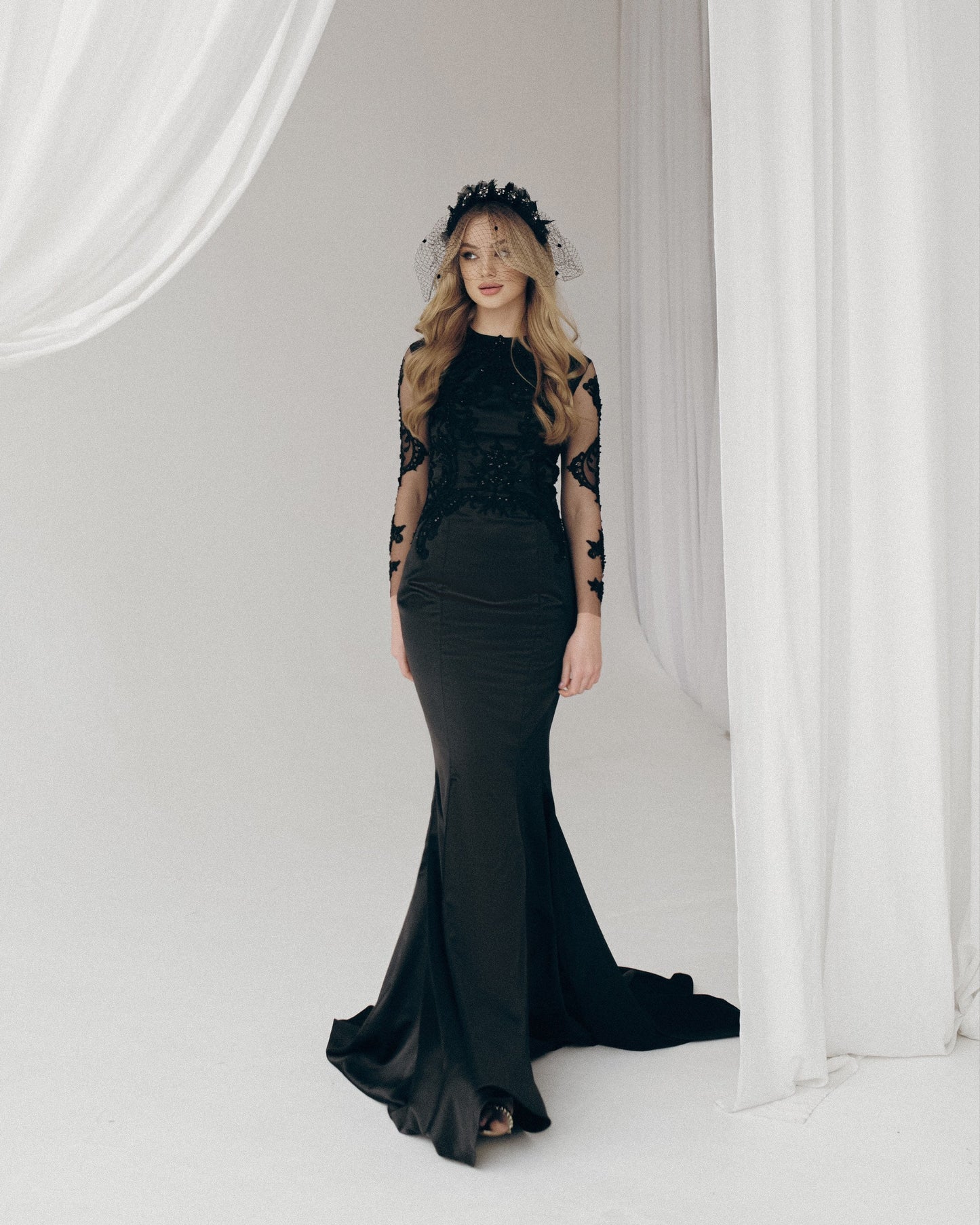 Black wedding dress long sleeves, Gothic Wedding Dress, Black wedding gown, Black lace wedding dress, Black mermaid boho wedding dress