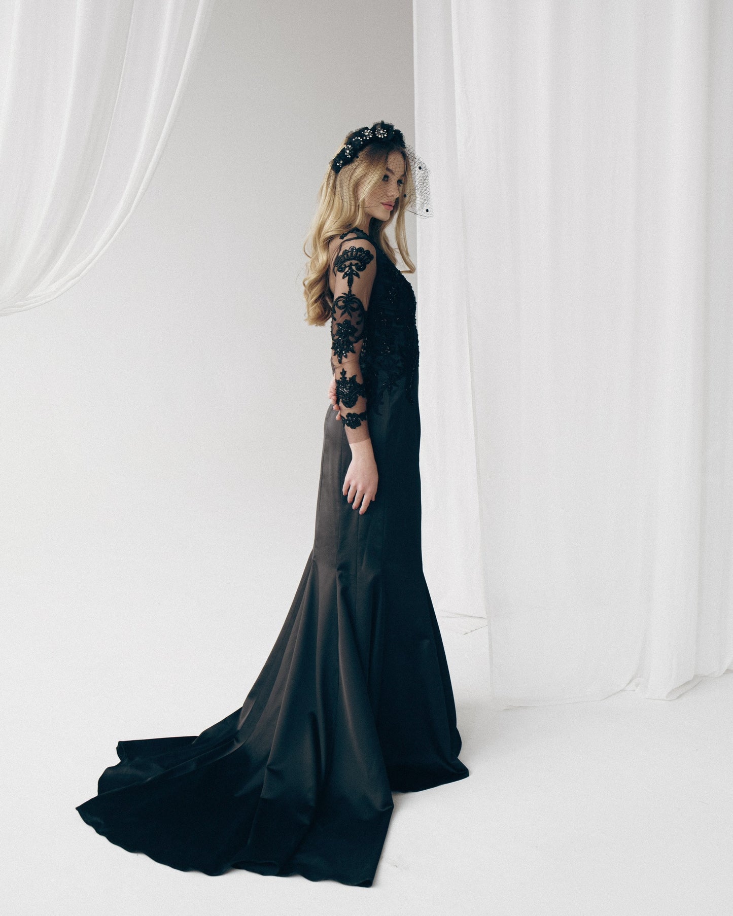 Black wedding dress long sleeves, Gothic Wedding Dress, Black wedding gown, Black lace wedding dress, Black mermaid boho wedding dress