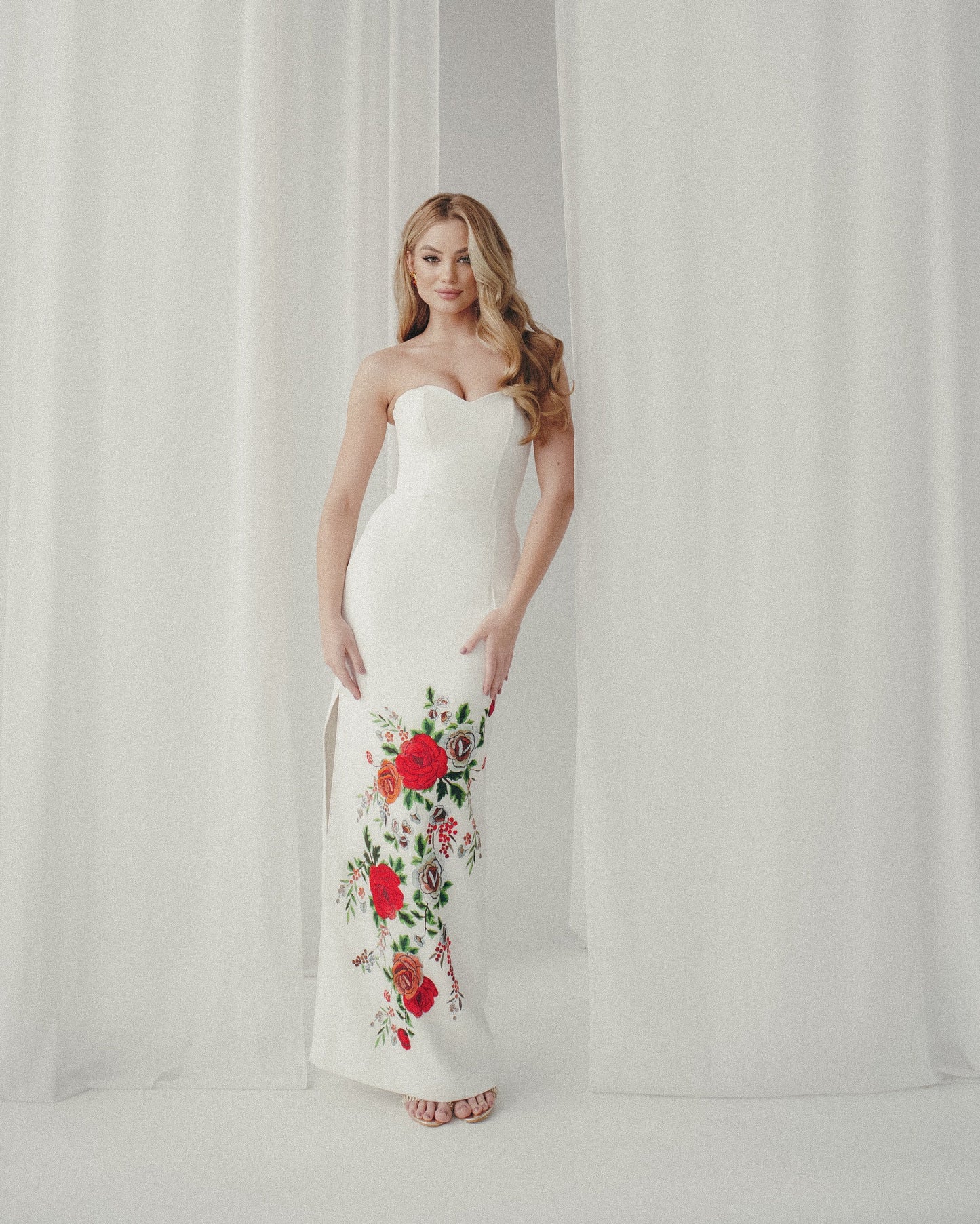 Simple wedding dress with pencil skirt and floral print , corset wedding dress, Bohemian wedding gown, Wedding dress with side split
