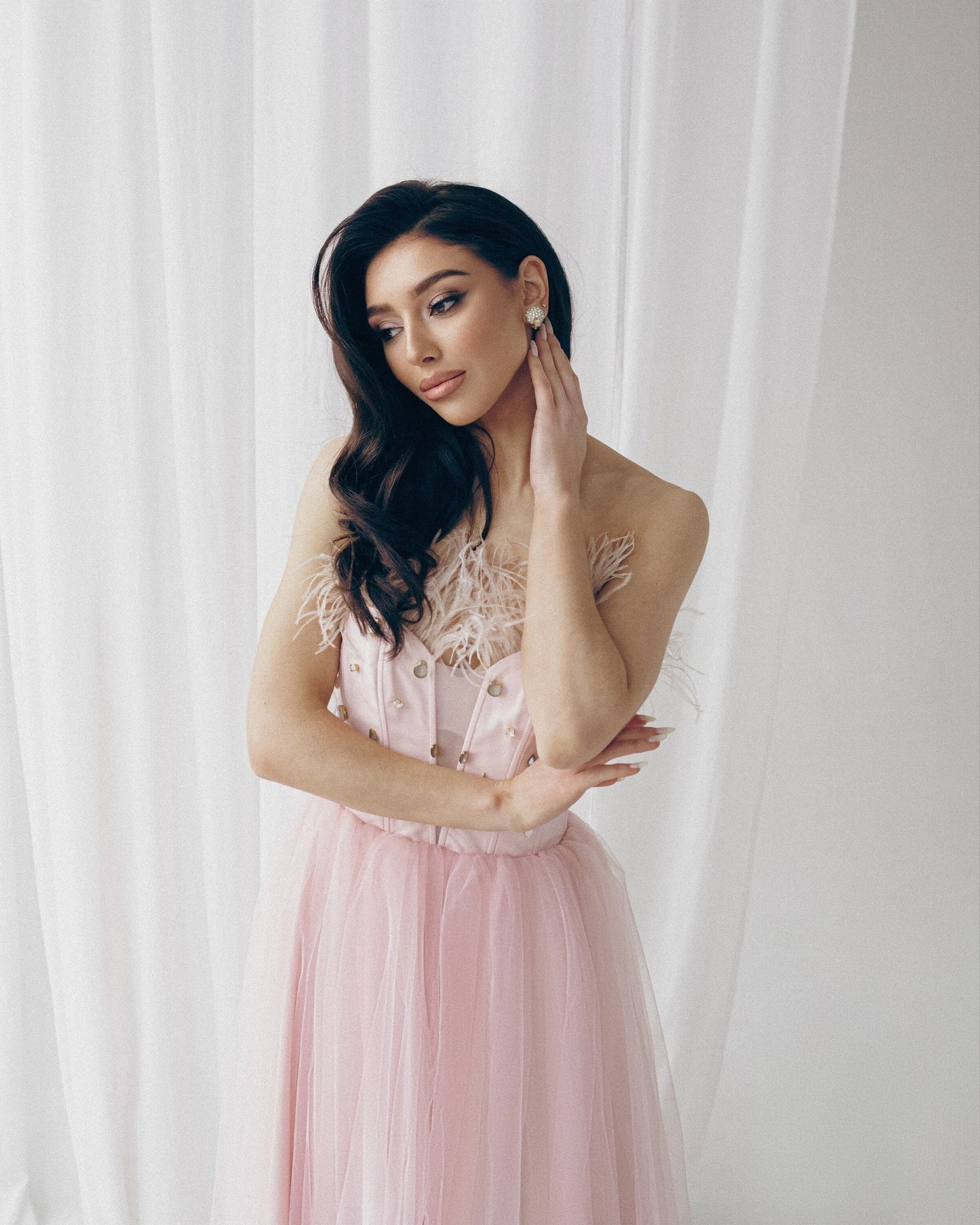 Pink feathers dress with corset bodice and fit and flare skirt, Prom tulle gown, Wedding guest dress, Homecoming dress, Evening dress