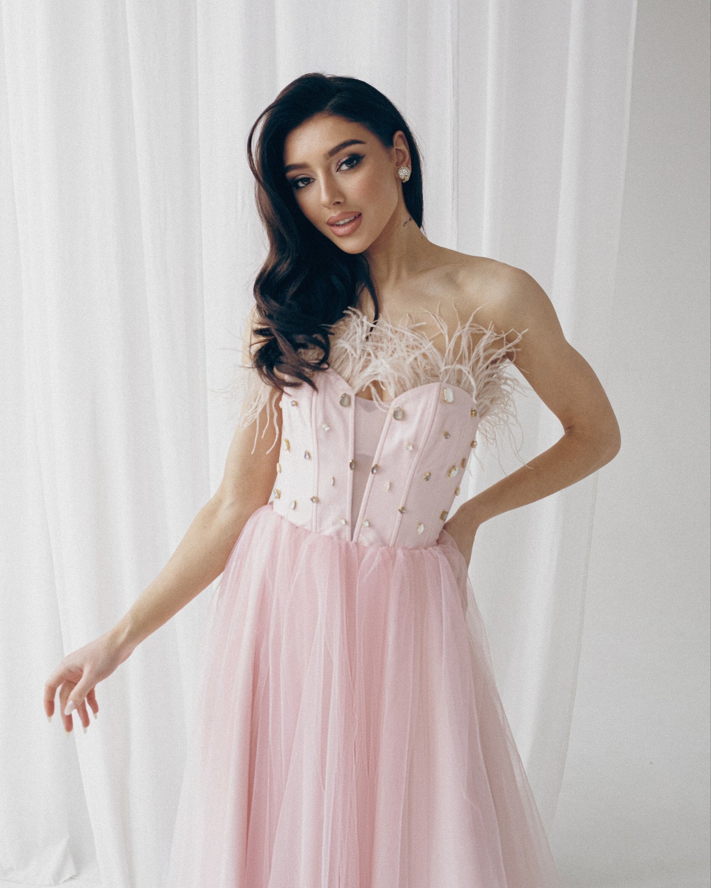 Pink feathers dress with corset bodice and fit and flare skirt, Prom tulle gown, Wedding guest dress, Homecoming dress, Evening dress