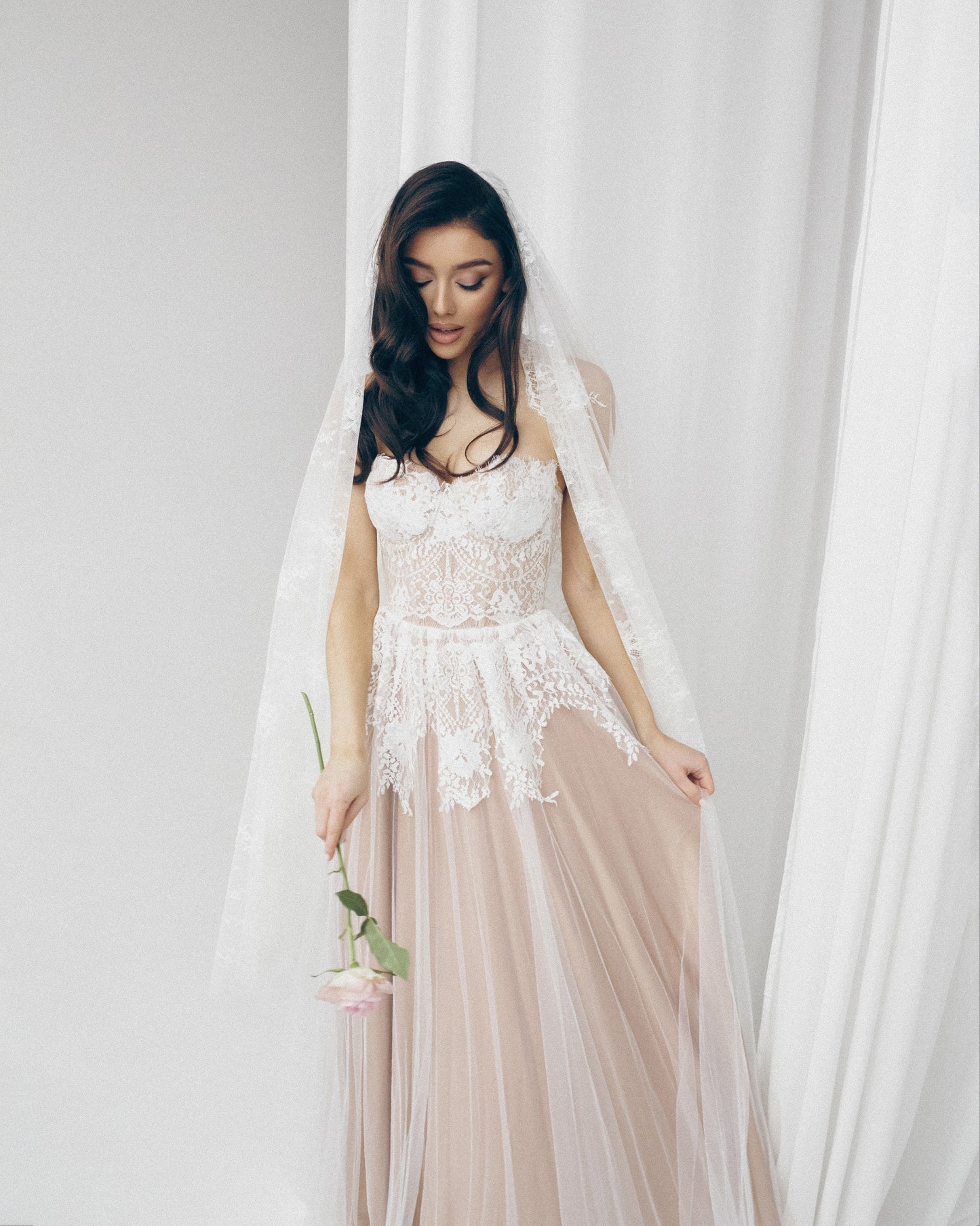 Beige Wedding dress, Boho Tan Wedding dress, Nude corset wedding gown, White Lace wedding dress, Fit and flare tulle dress for bride