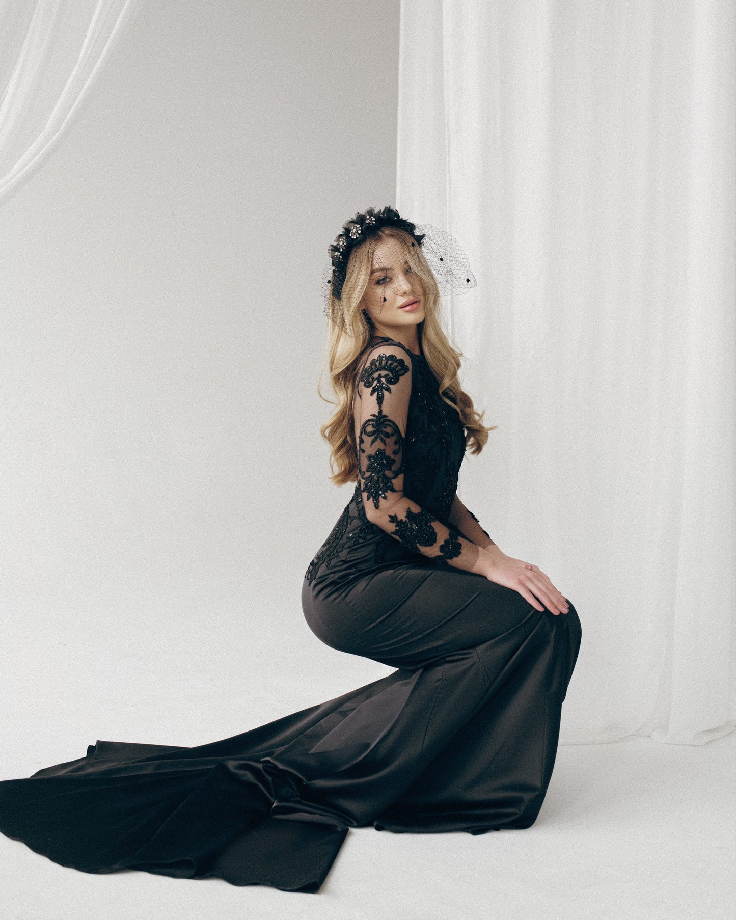 Black wedding dress long sleeves, Gothic Wedding Dress, Black wedding gown, Black lace wedding dress, Black mermaid boho wedding dress