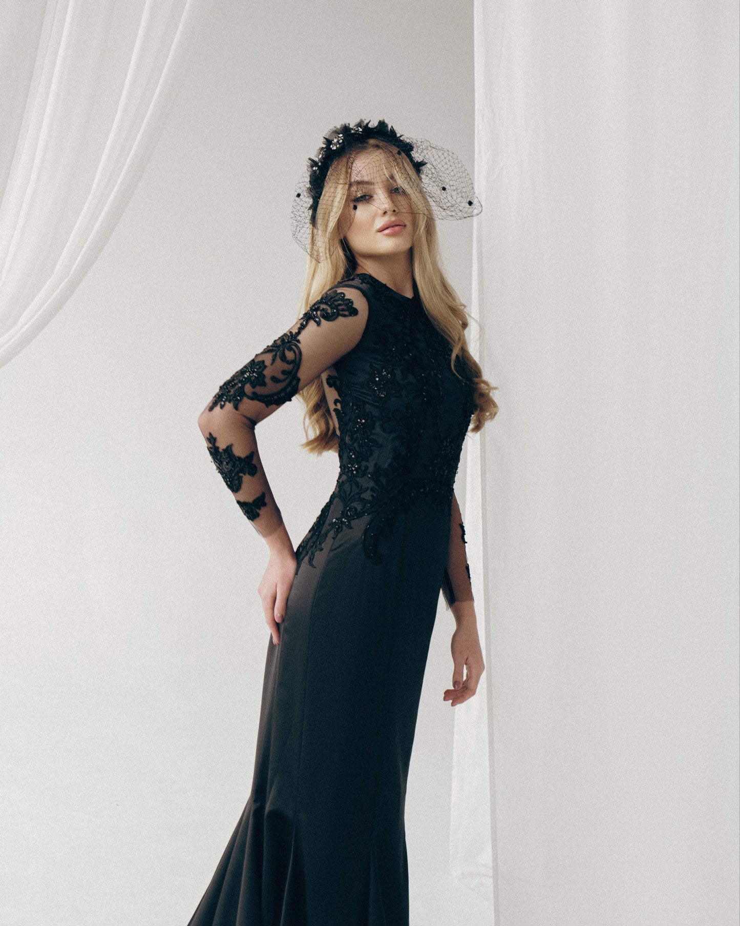 Black wedding dress long sleeves, Gothic Wedding Dress, Black wedding gown, Black lace wedding dress, Black mermaid boho wedding dress
