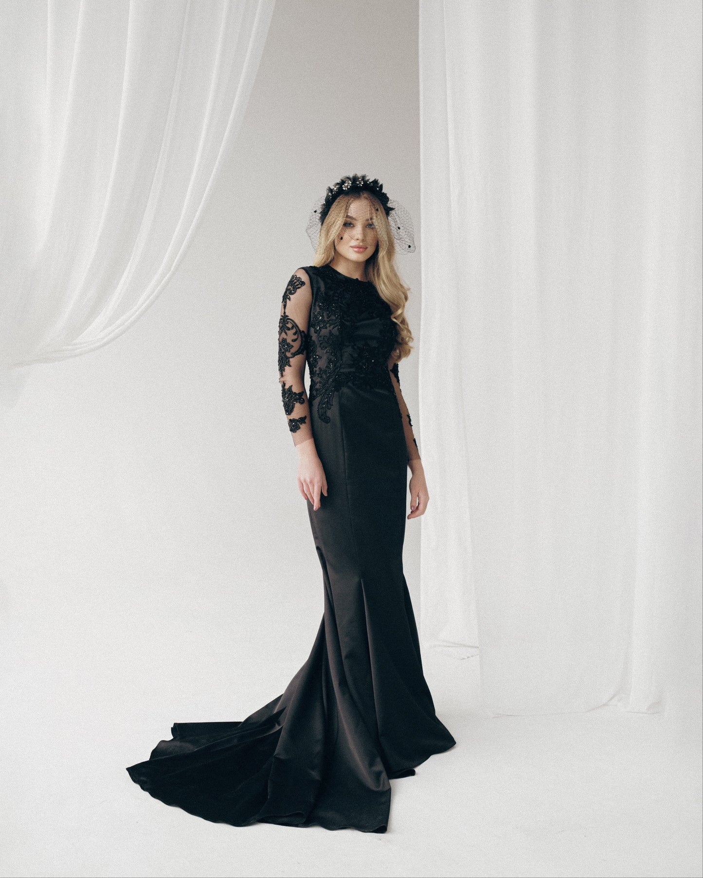 Black wedding dress long sleeves, Gothic Wedding Dress, Black wedding gown, Black lace wedding dress, Black mermaid boho wedding dress