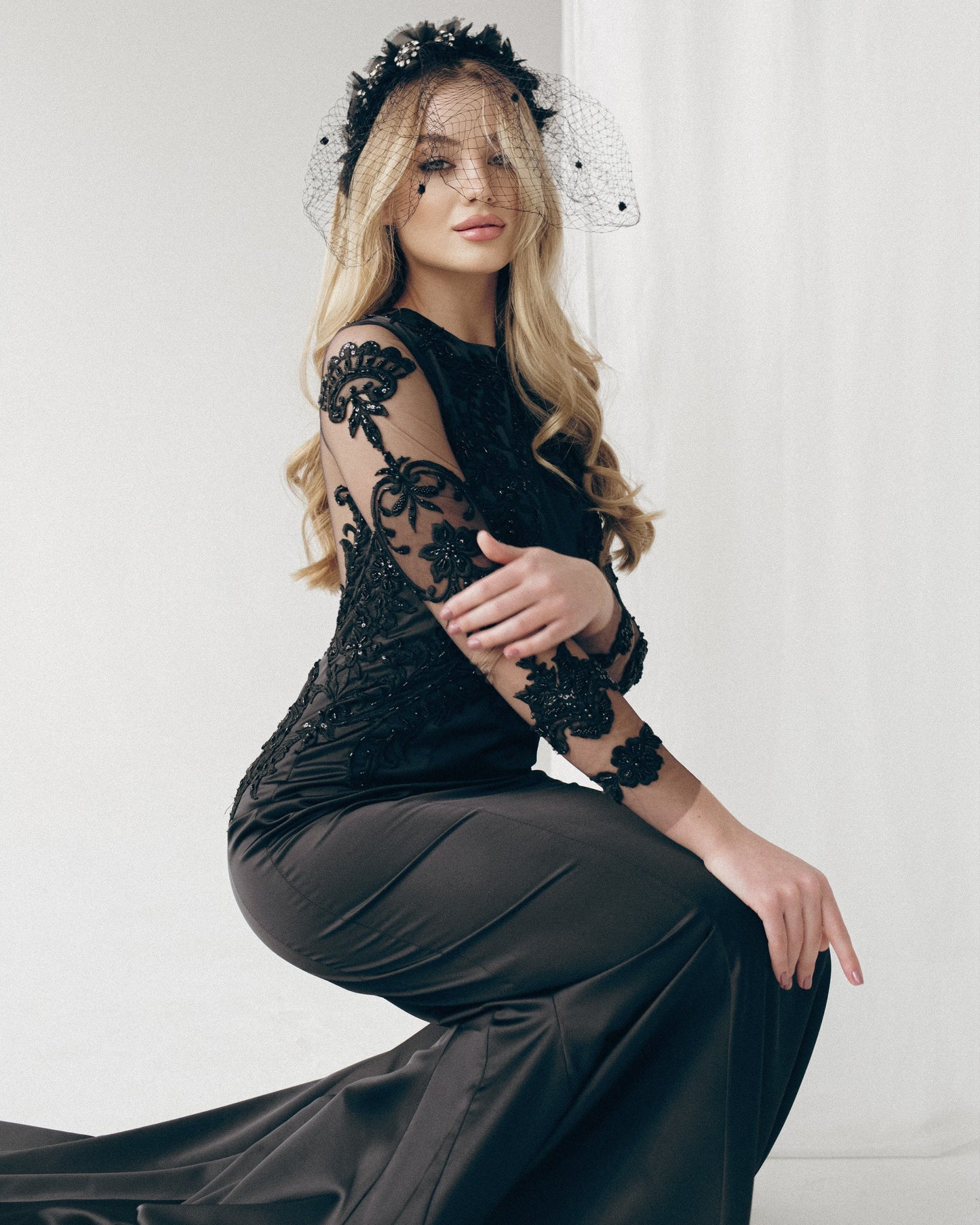 Black wedding dress long sleeves, Gothic Wedding Dress, Black wedding gown, Black lace wedding dress, Black mermaid boho wedding dress