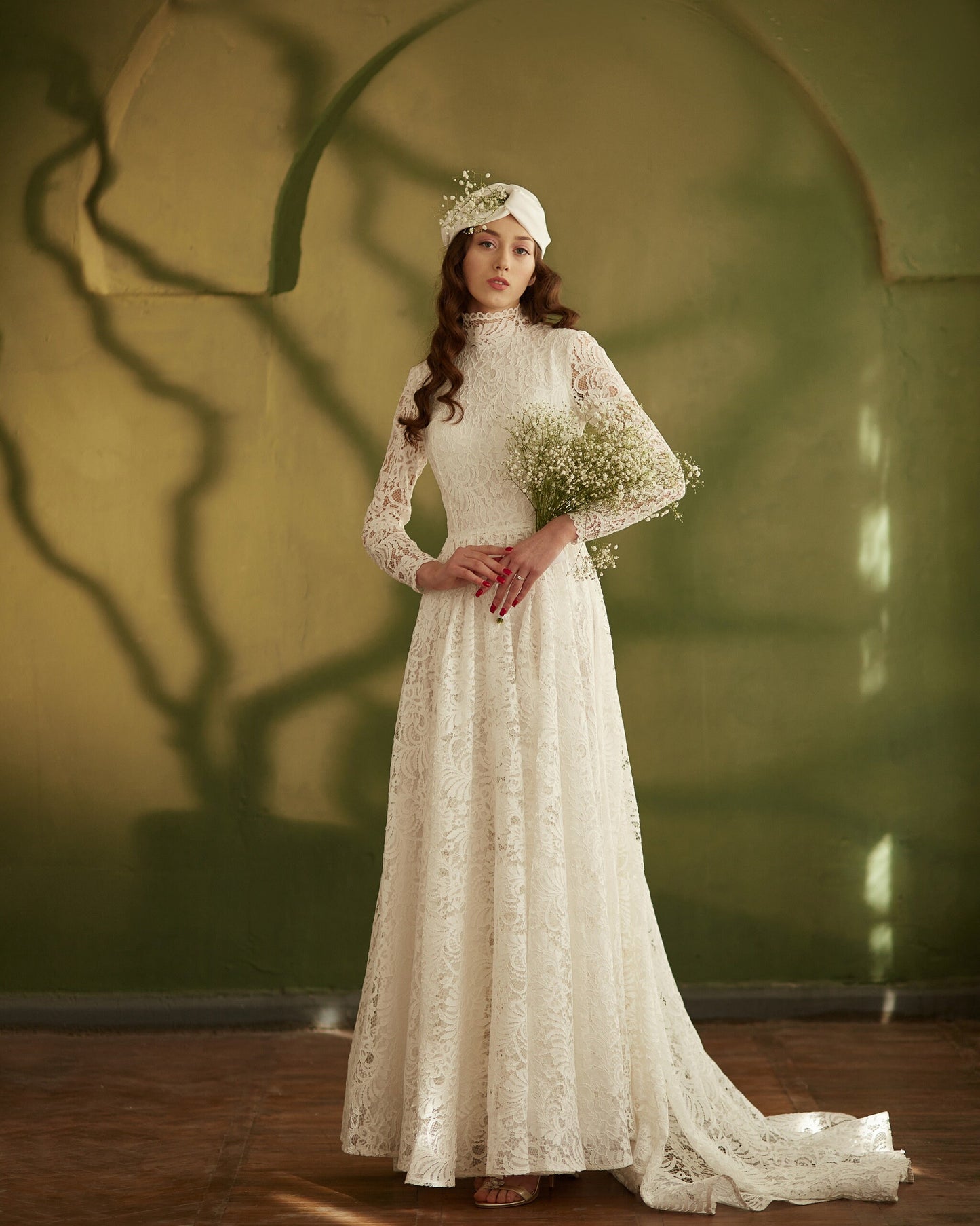 Modest wedding dress long sleeves fit and flare skirt , simple wedding dress, bohemian wedding gown from thick lace, rustic wedding dress
