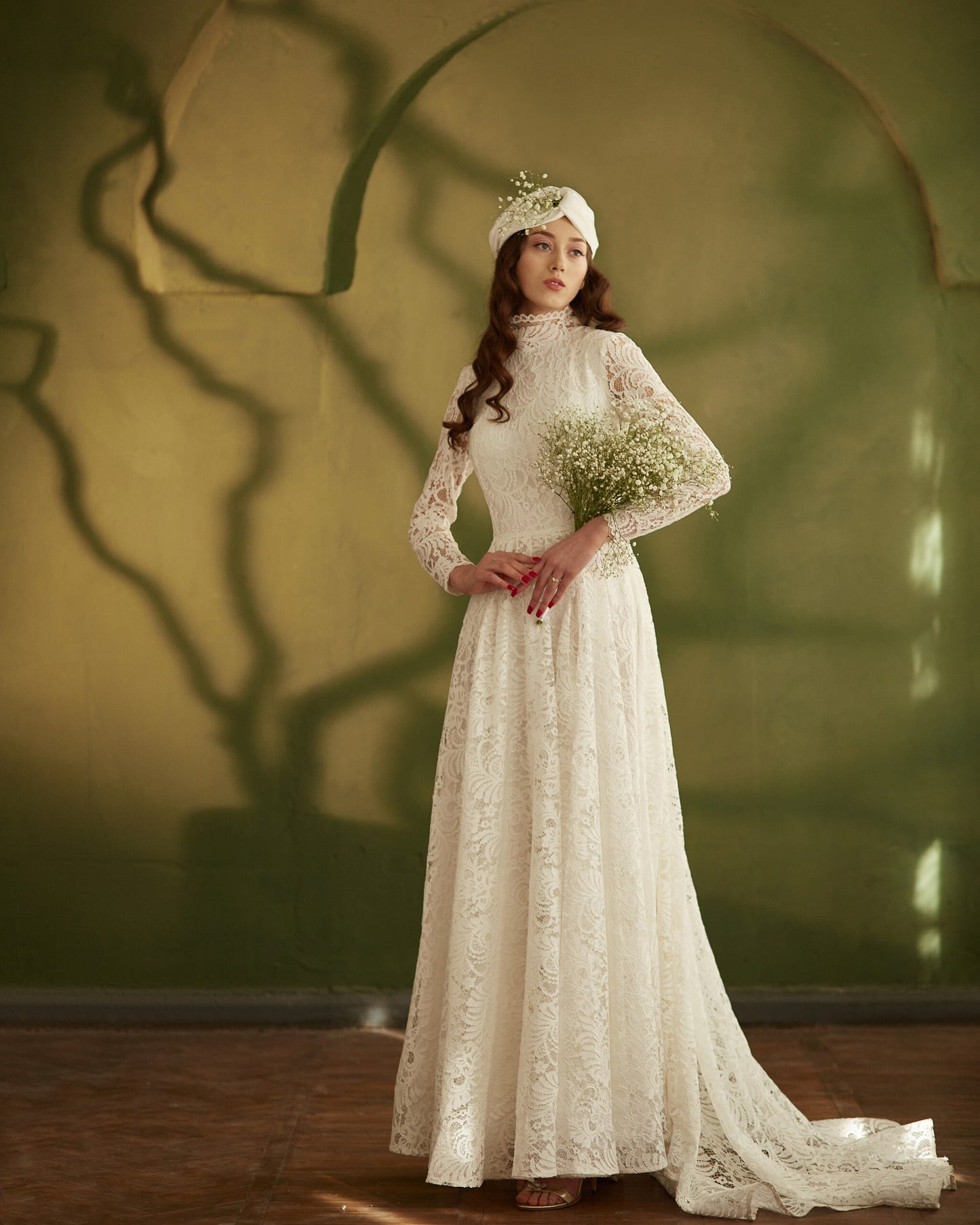 Modest wedding dress long sleeves fit and flare skirt , simple wedding dress, bohemian wedding gown from thick lace, rustic wedding dress