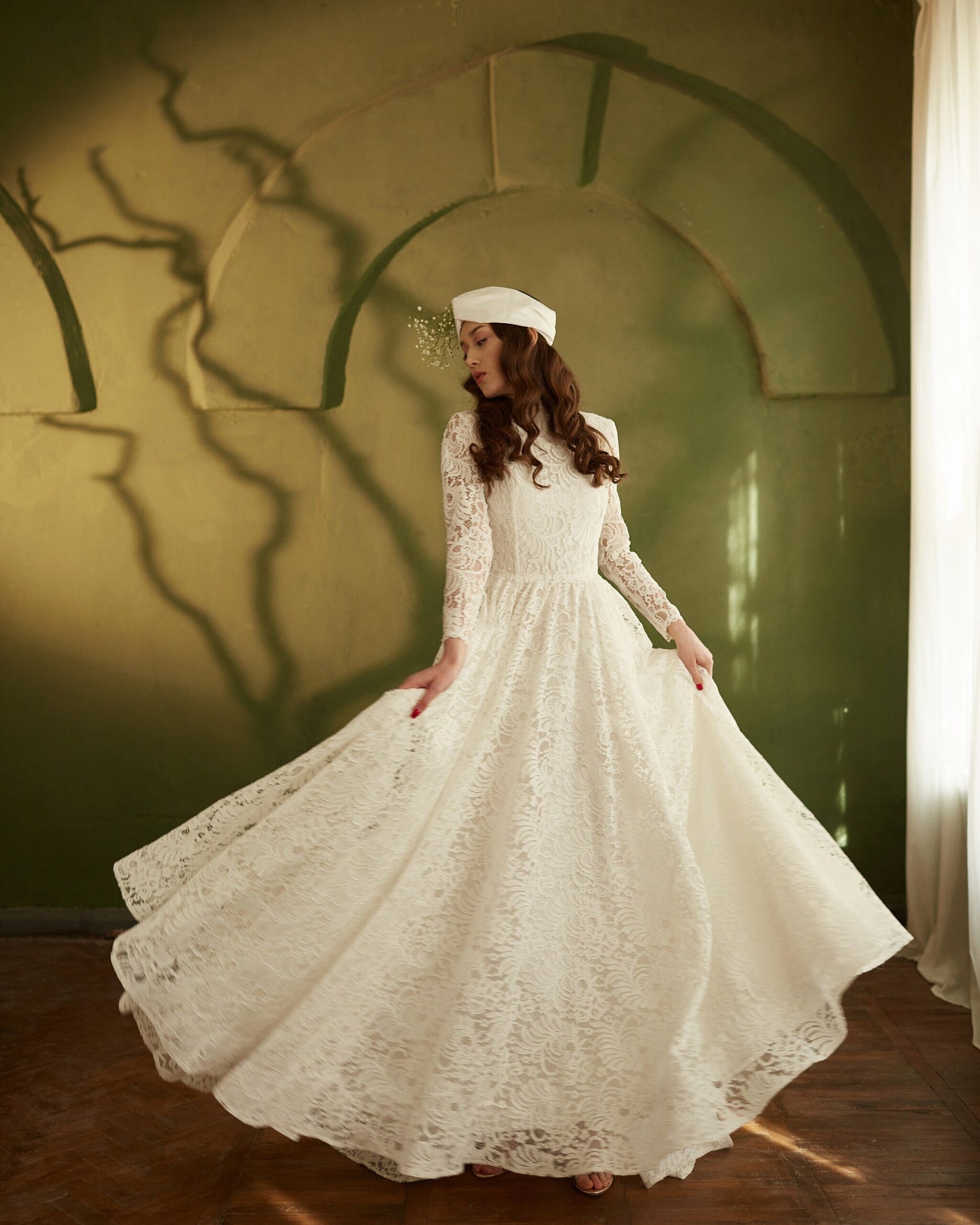 Modest wedding dress long sleeves fit and flare skirt , simple wedding dress, bohemian wedding gown from thick lace, rustic wedding dress