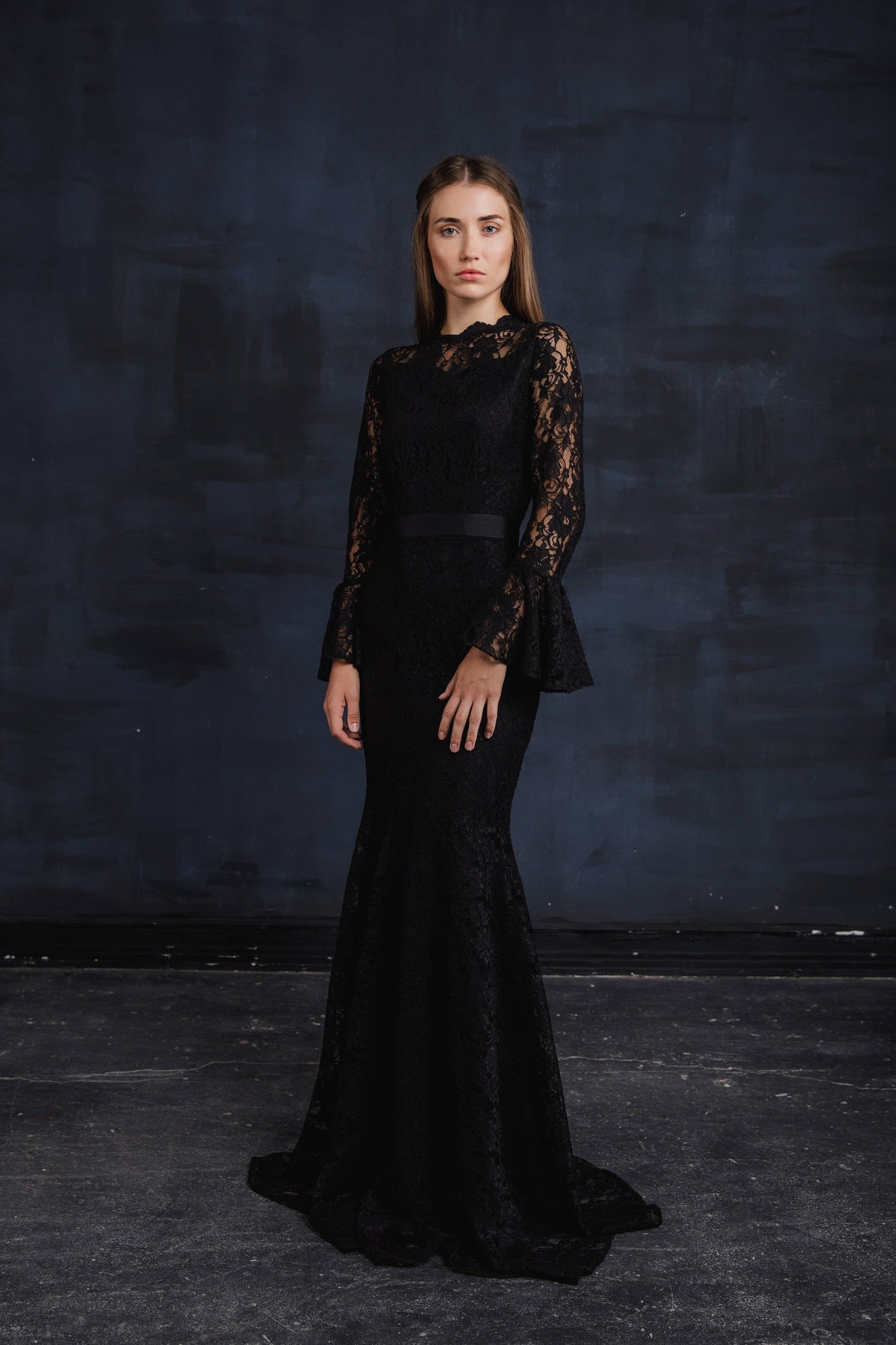 Bohemian Bridesmaid Romantic Gown With Sleeves / Black Wedding Floor Length Cocktail Dress / Long Robe Occasion Party Evening Pencil Dress
