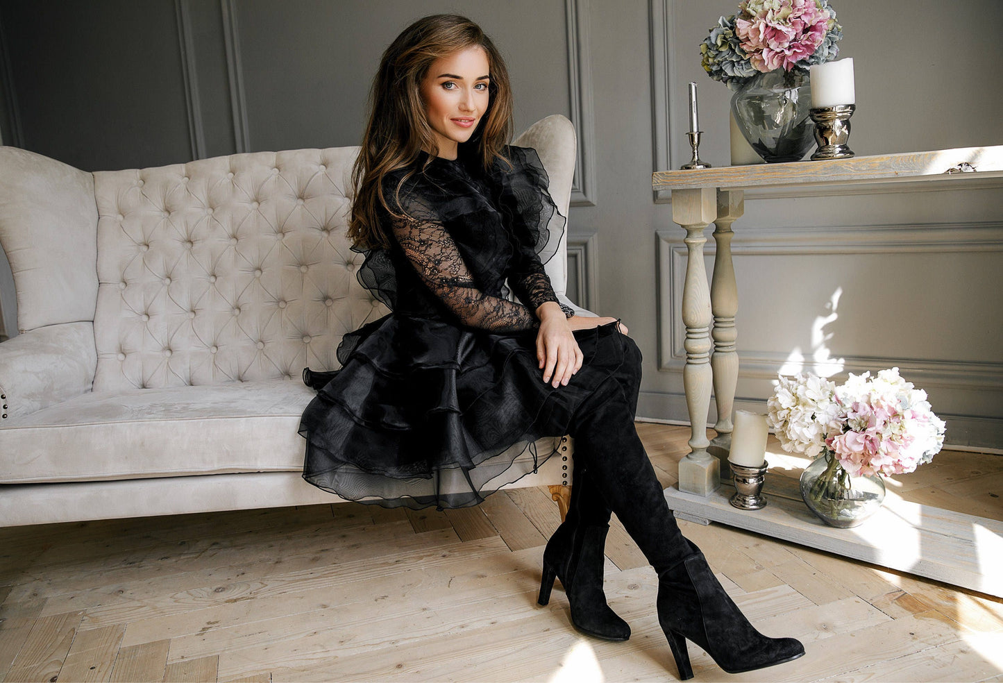 Knee Length cocktail Dress In Black, Bohemian Party Lace Cocktail Dress With Sleeves, Formal Organza Mini Evening Gown, Skater skirt dress
