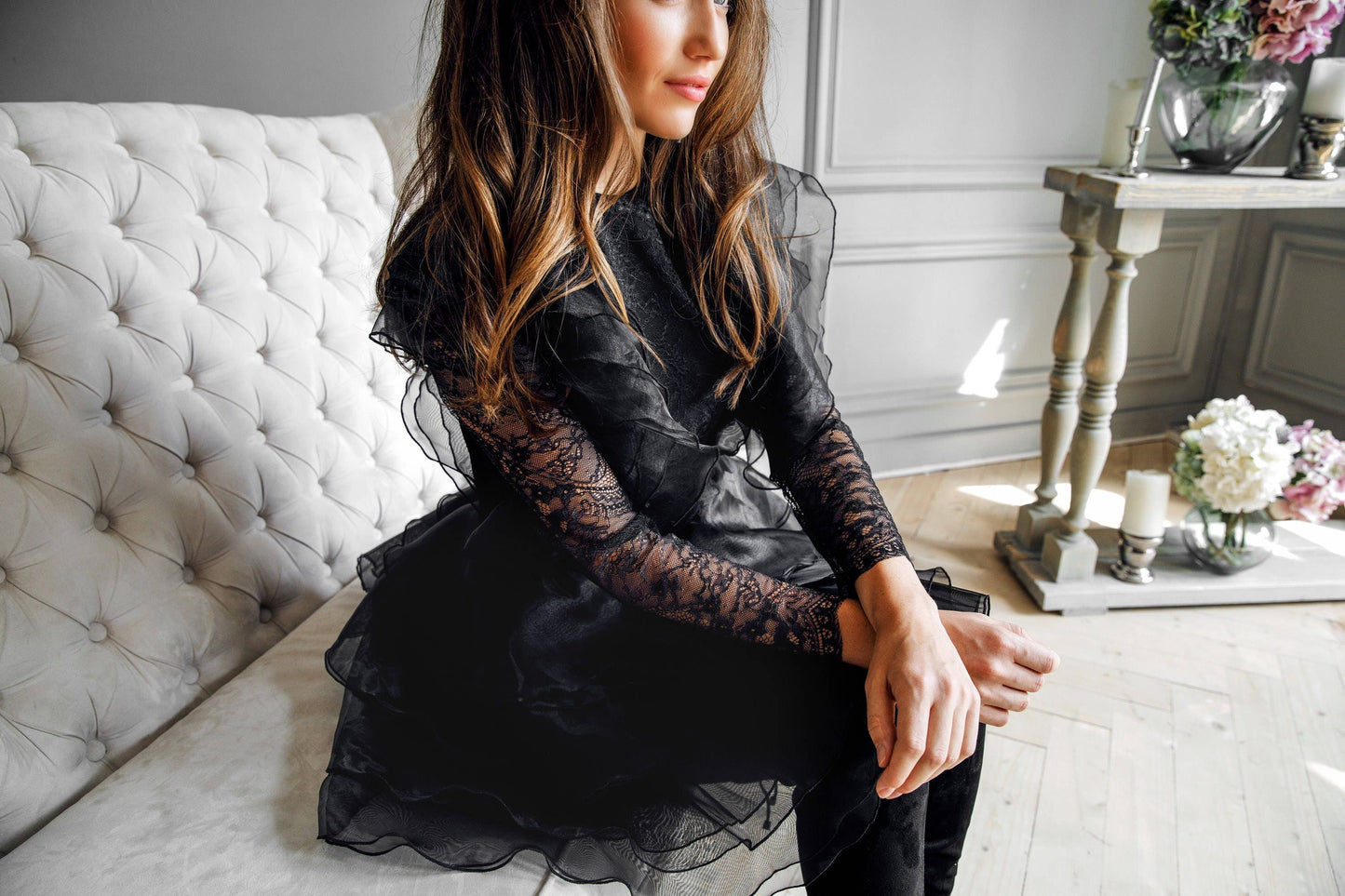 Knee Length cocktail Dress In Black, Bohemian Party Lace Cocktail Dress With Sleeves, Formal Organza Mini Evening Gown, Skater skirt dress