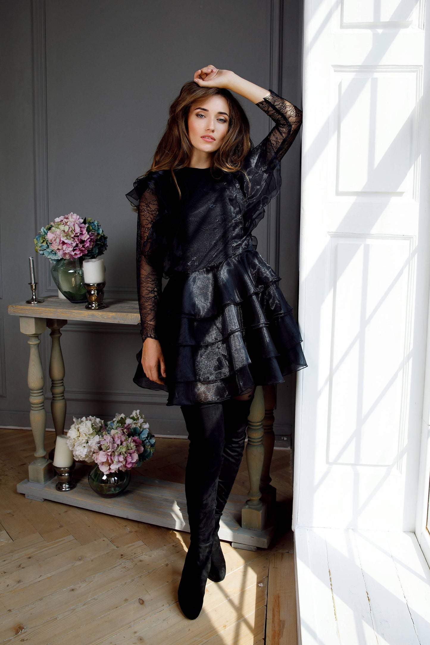 Knee Length cocktail Dress In Black, Bohemian Party Lace Cocktail Dress With Sleeves, Formal Organza Mini Evening Gown, Skater skirt dress