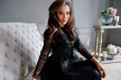 Knee Length cocktail Dress In Black, Bohemian Party Lace Cocktail Dress With Sleeves, Formal Organza Mini Evening Gown, Skater skirt dress