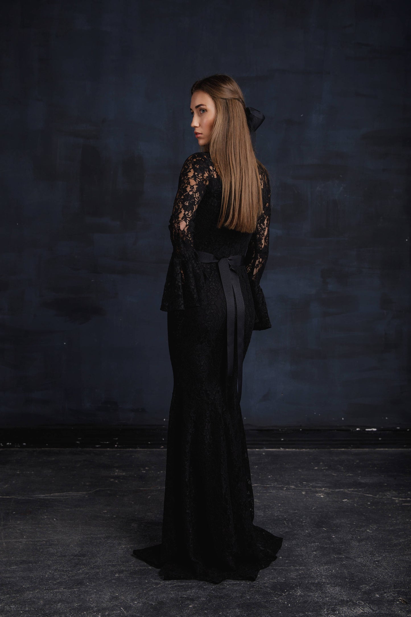 Bohemian Bridesmaid Romantic Gown With Sleeves / Black Wedding Floor Length Cocktail Dress / Long Robe Occasion Party Evening Pencil Dress