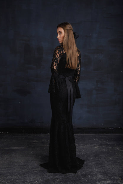 Bohemian Bridesmaid Romantic Gown With Sleeves / Black Wedding Floor Length Cocktail Dress / Long Robe Occasion Party Evening Pencil Dress