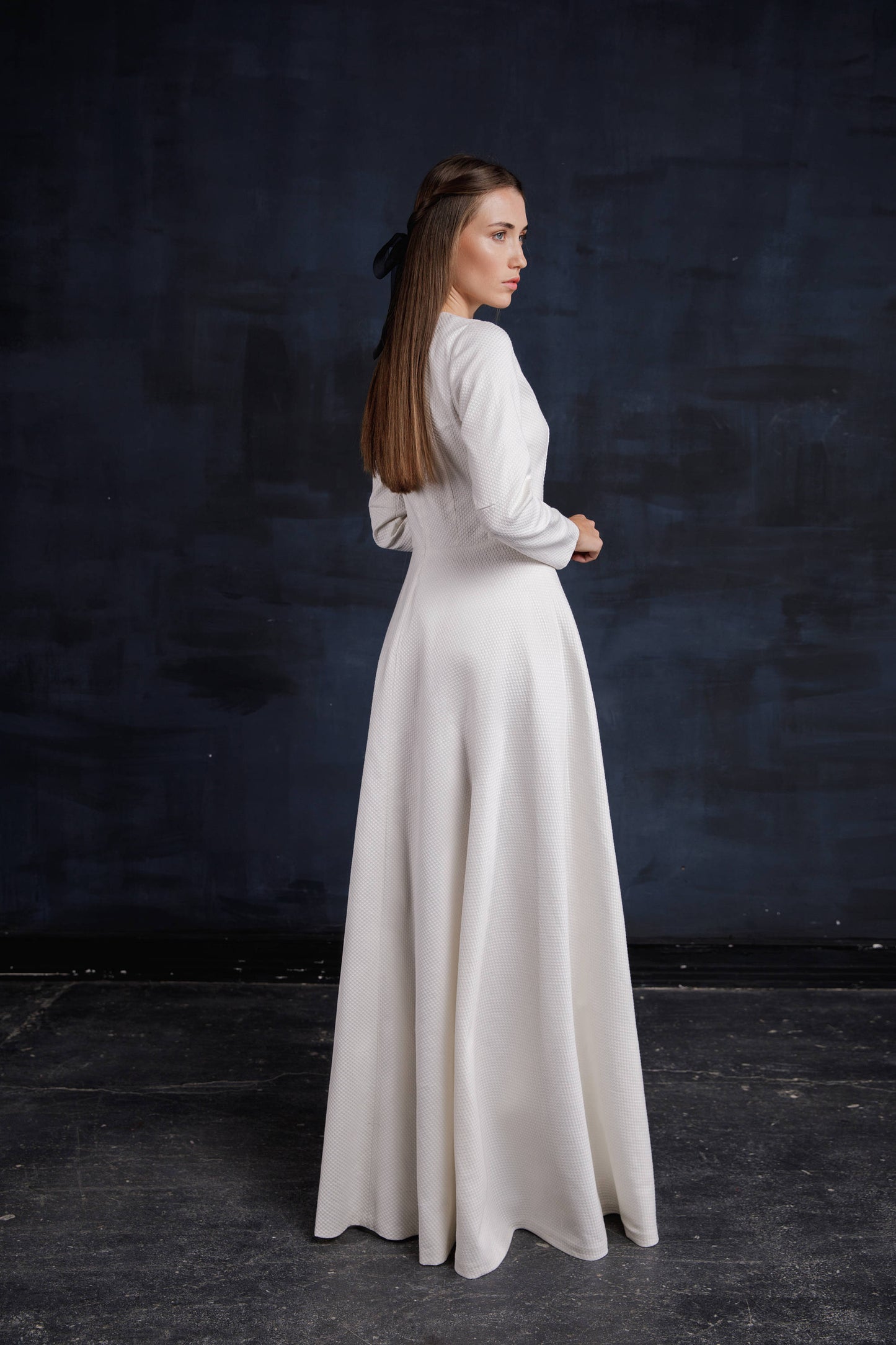 Long sleeved wedding dress, Simple wedding dress, Modest wedding dress, White Winter & Autumn Wedding Floor Length Dress, Fit and flare gown