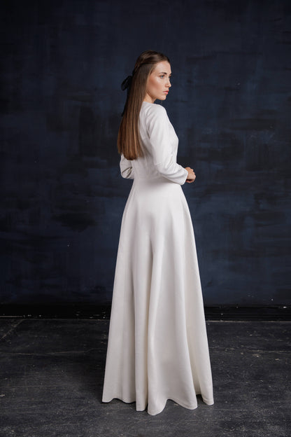 Long sleeved wedding dress, Simple wedding dress, Modest wedding dress, White Winter & Autumn Wedding Floor Length Dress, Fit and flare gown