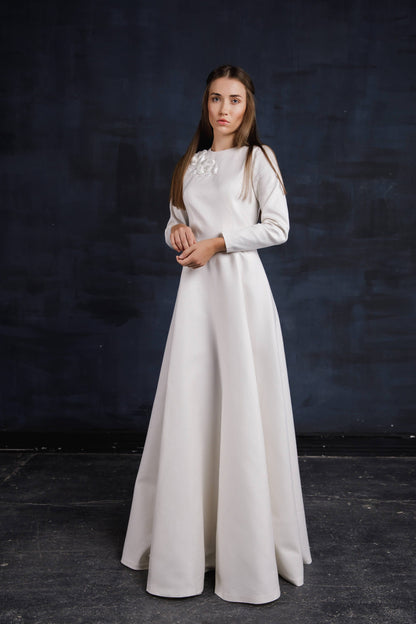 Long sleeved wedding dress, Simple wedding dress, Modest wedding dress, White Winter & Autumn Wedding Floor Length Dress, Fit and flare gown