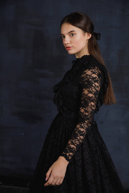 Black lace wedding dress with long sleeves, Gothic wedding dress with fit and flare skirt, Goth bride dress, Alternative wedding dress