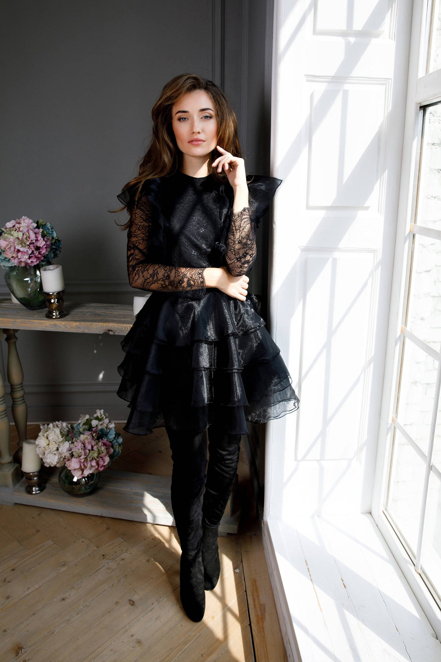 Knee Length cocktail Dress In Black, Bohemian Party Lace Cocktail Dress With Sleeves, Formal Organza Mini Evening Gown, Skater skirt dress