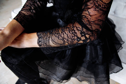 Knee Length cocktail Dress In Black, Bohemian Party Lace Cocktail Dress With Sleeves, Formal Organza Mini Evening Gown, Skater skirt dress