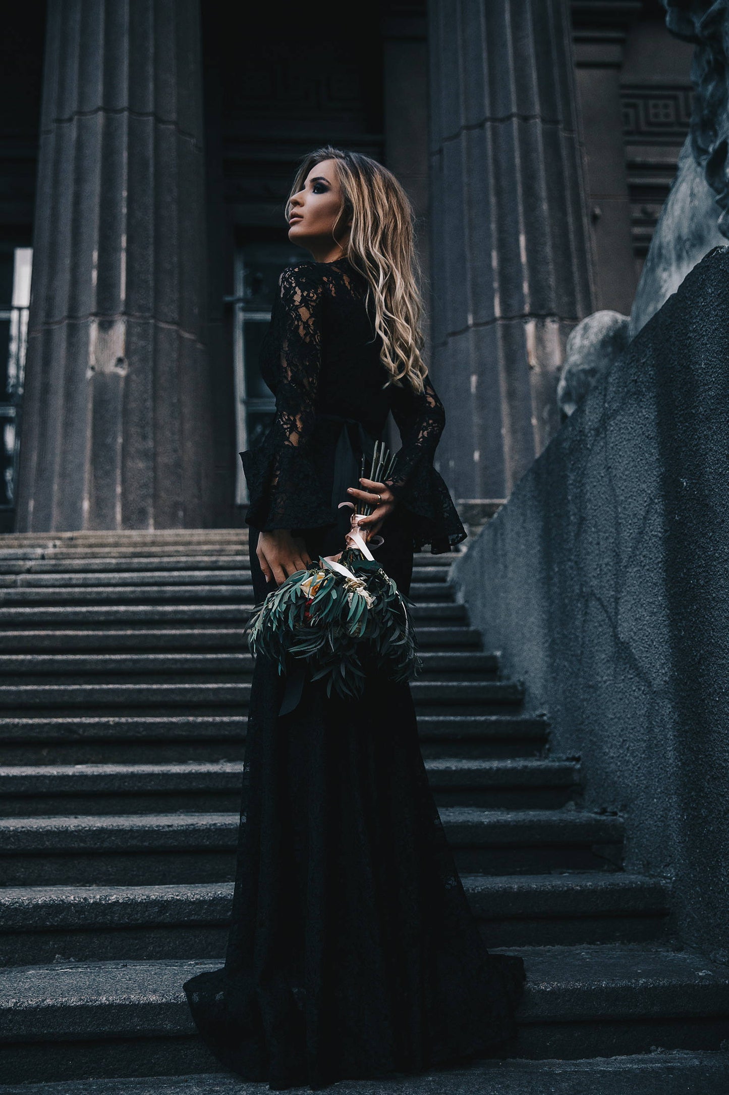 Bohemian Bridesmaid Romantic Gown With Sleeves / Black Wedding Floor Length Cocktail Dress / Long Robe Occasion Party Evening Pencil Dress