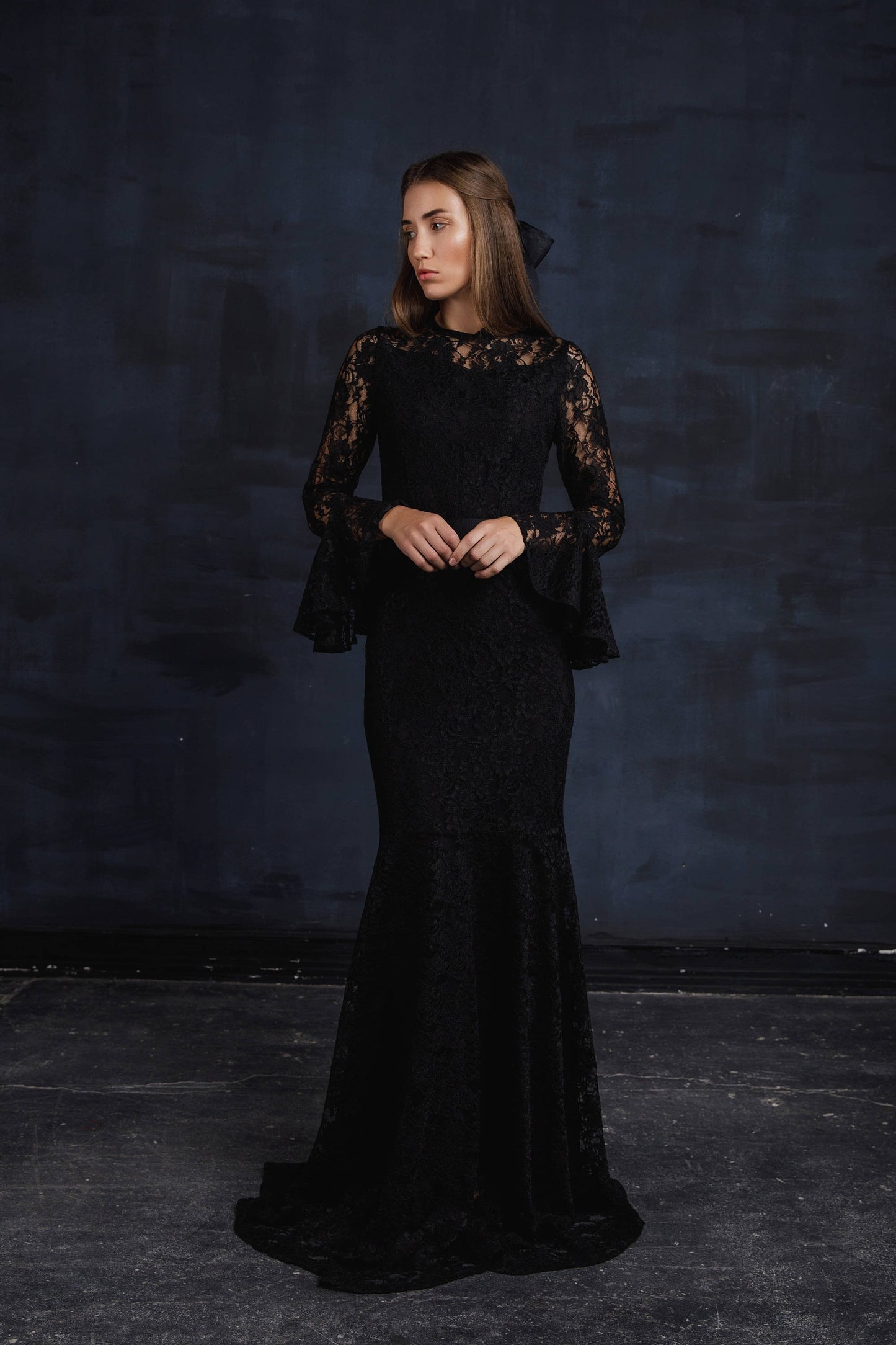 Bohemian Bridesmaid Romantic Gown With Sleeves / Black Wedding Floor Length Cocktail Dress / Long Robe Occasion Party Evening Pencil Dress