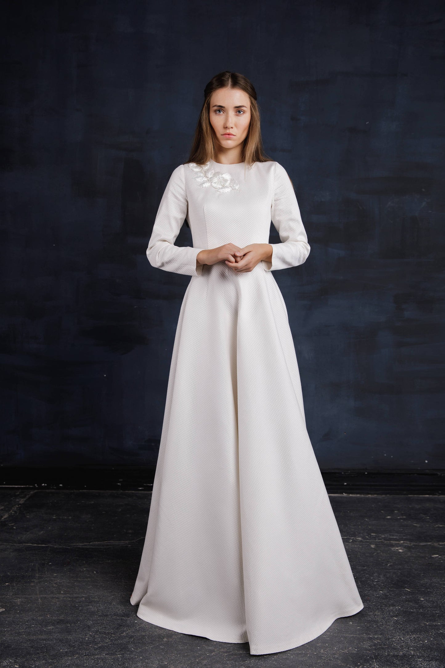 Long sleeved wedding dress, Simple wedding dress, Modest wedding dress, White Winter & Autumn Wedding Floor Length Dress, Fit and flare gown