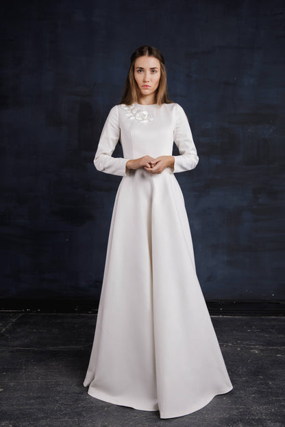 Long sleeved wedding dress, Simple wedding dress, Modest wedding dress, White Winter & Autumn Wedding Floor Length Dress, Fit and flare gown