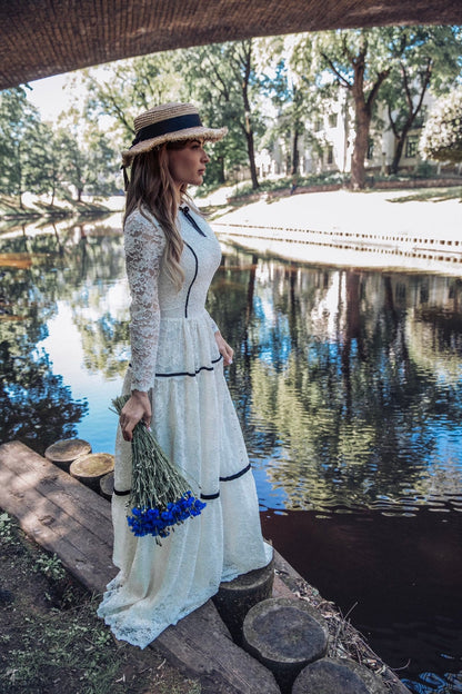 Victorian dress / Long Romantic Occasion Party Floor Length Dress / White Bridesmaid Evening Gown / Boho Fit And Flare Winter Wedding Dress