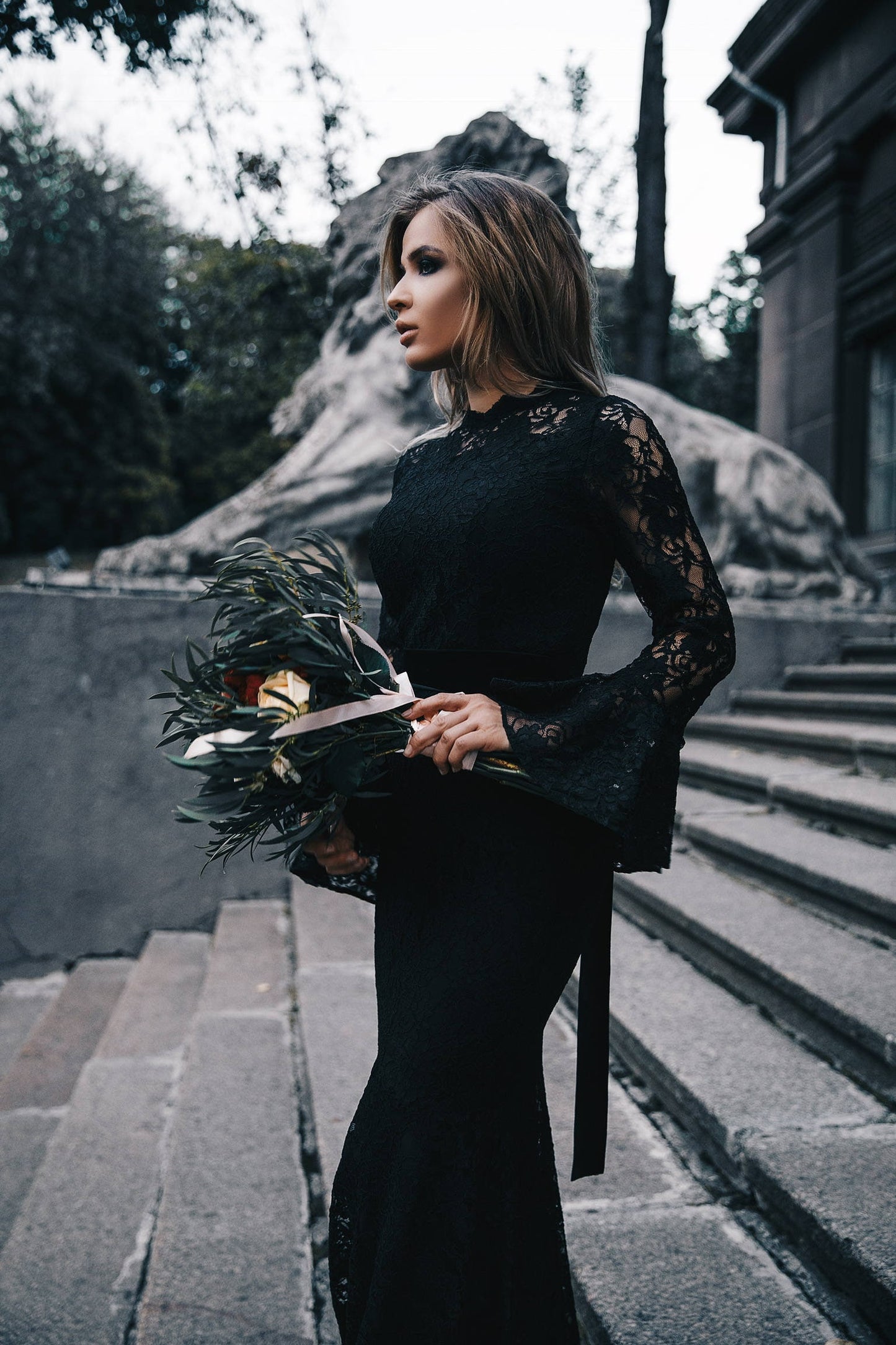 Bohemian Bridesmaid Romantic Gown With Sleeves / Black Wedding Floor Length Cocktail Dress / Long Robe Occasion Party Evening Pencil Dress