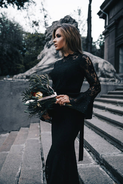 Bohemian Bridesmaid Romantic Gown With Sleeves / Black Wedding Floor Length Cocktail Dress / Long Robe Occasion Party Evening Pencil Dress