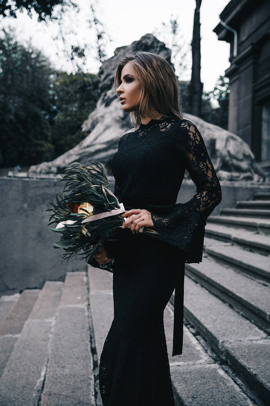 Bohemian Bridesmaid Romantic Gown With Sleeves / Black Wedding Floor Length Cocktail Dress / Long Robe Occasion Party Evening Pencil Dress