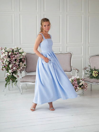 Blue Pinafore dress, apron dress, vintage style dress, ankle length, sleeveless dress, 1950s inspired dress, pockets dress , bridesmaid