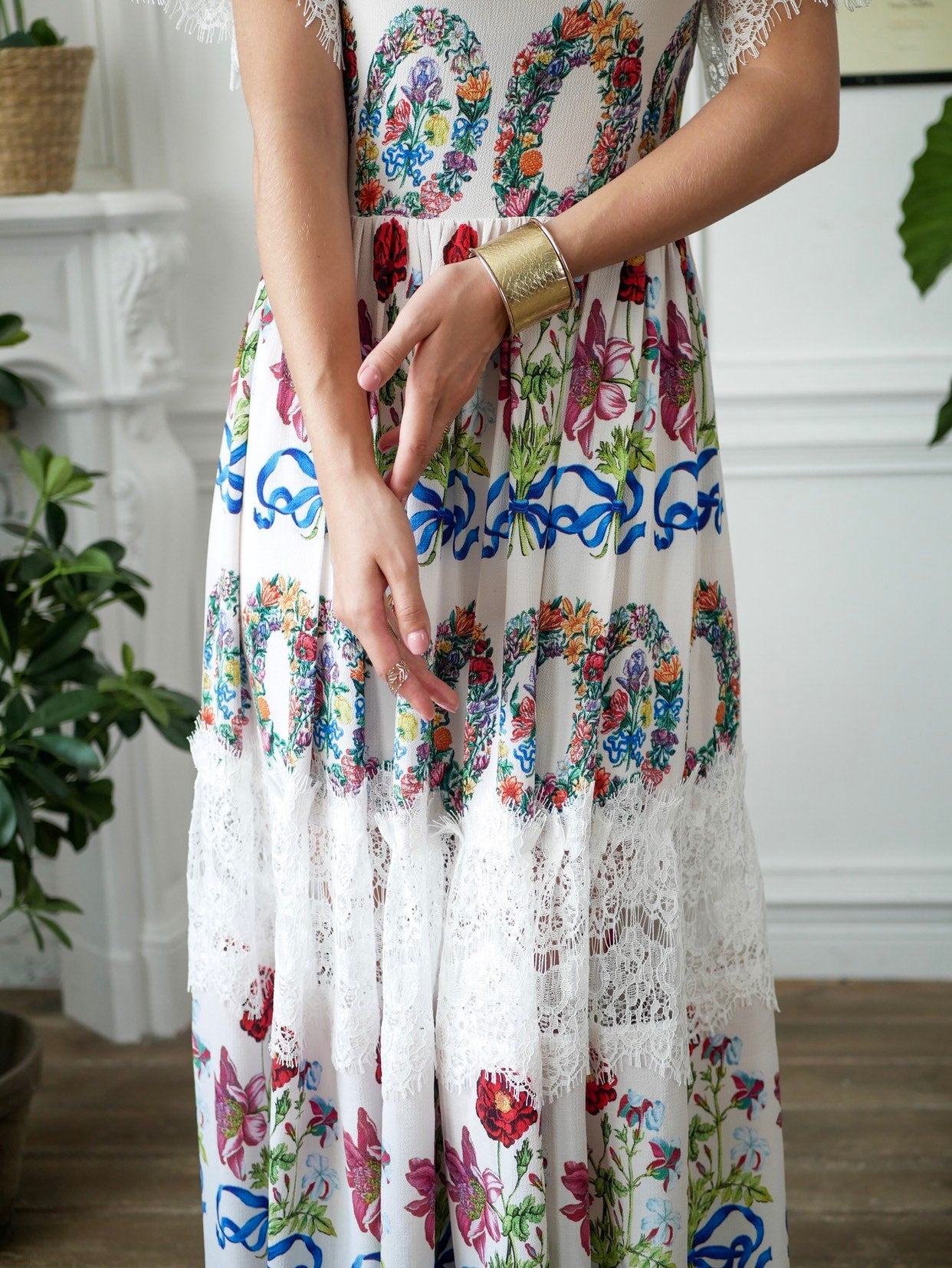 Floral Maxi black short Sleeve Lace Dress / Floor Length Dressing Gown / Long Romantic Dress / Unique Printed Wedding Dress / Summer dress
