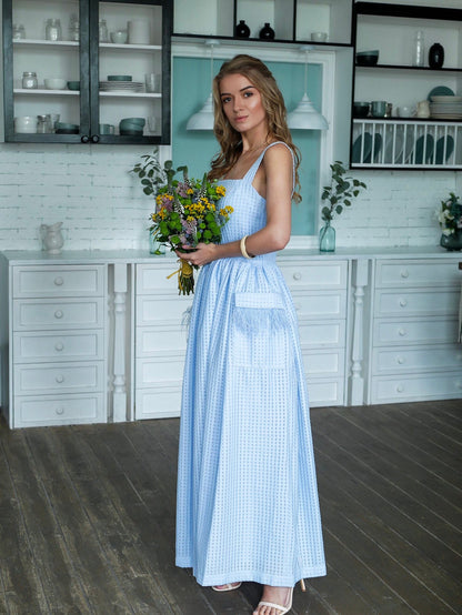 Blue Pinafore dress, apron dress, vintage style dress, ankle length, sleeveless dress, 1950s inspired dress, pockets dress , bridesmaid
