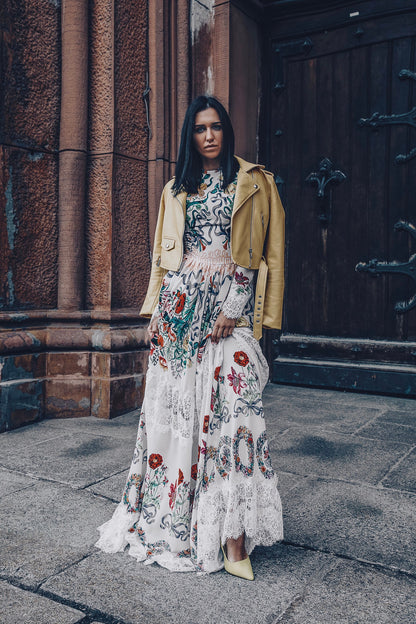White Floral Sequin Bridesmaid Pinafore Embroidered Dress / Silk Romantic Floor Length Long Sleeve Dress / Rustic Boho Chic Evening Gown