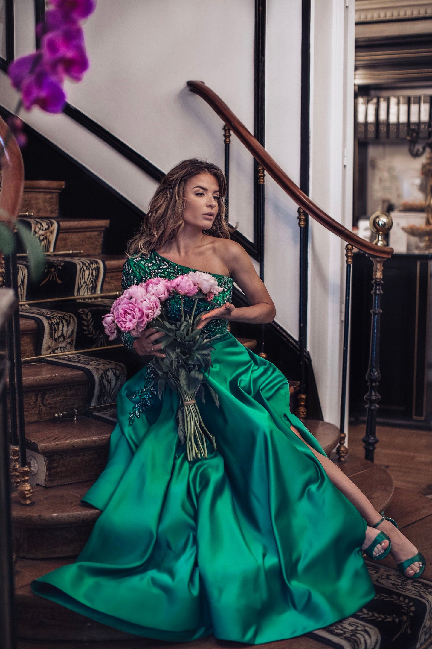 Emerald evening Dress / Fit & Flare Prom Dress Long / Custom Embroidered Maxi Dress / One Shoulder evening gown / Maxi Dress with a slit