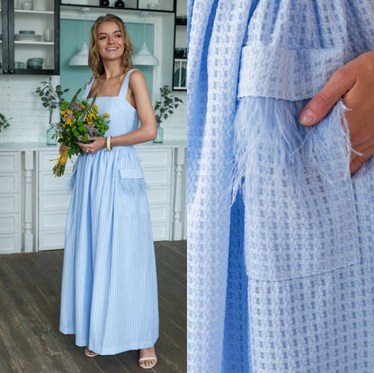 Blue Pinafore dress, apron dress, vintage style dress, ankle length, sleeveless dress, 1950s inspired dress, pockets dress , bridesmaid