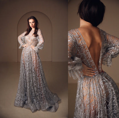 Silver wedding dress, Sparkly open back dress, Grey wedding Gown With Sleeves, Open back sequin  dress with train, Bohemian wedding dress