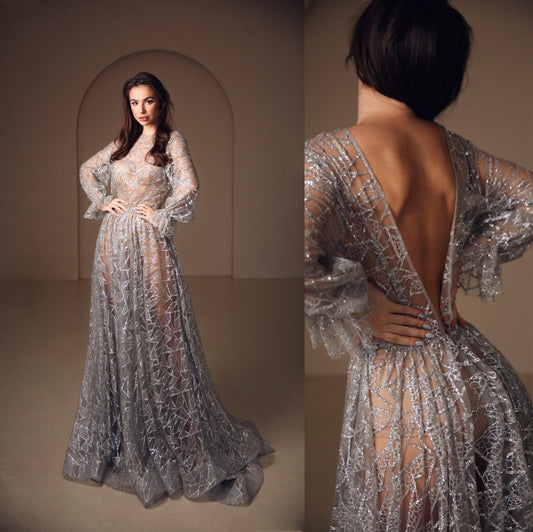 Silver wedding dress, Sparkly open back dress, Grey wedding Gown With Sleeves, Open back sequin  dress with train, Bohemian wedding dress